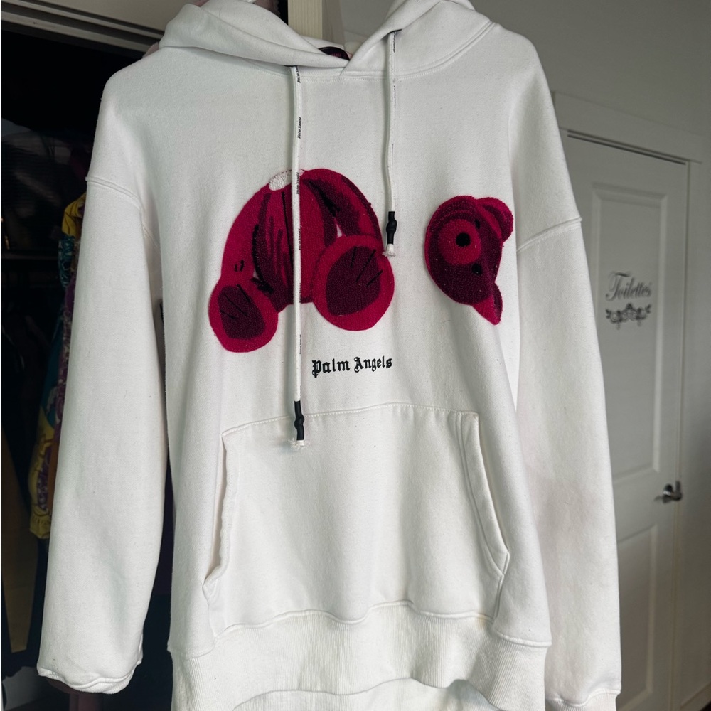Palm Angels White Hoodie with Red Bear Design